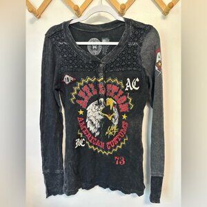 Afflictions Long Sleeve Tee American Customs Black Eagle Biker Lace Henley XL